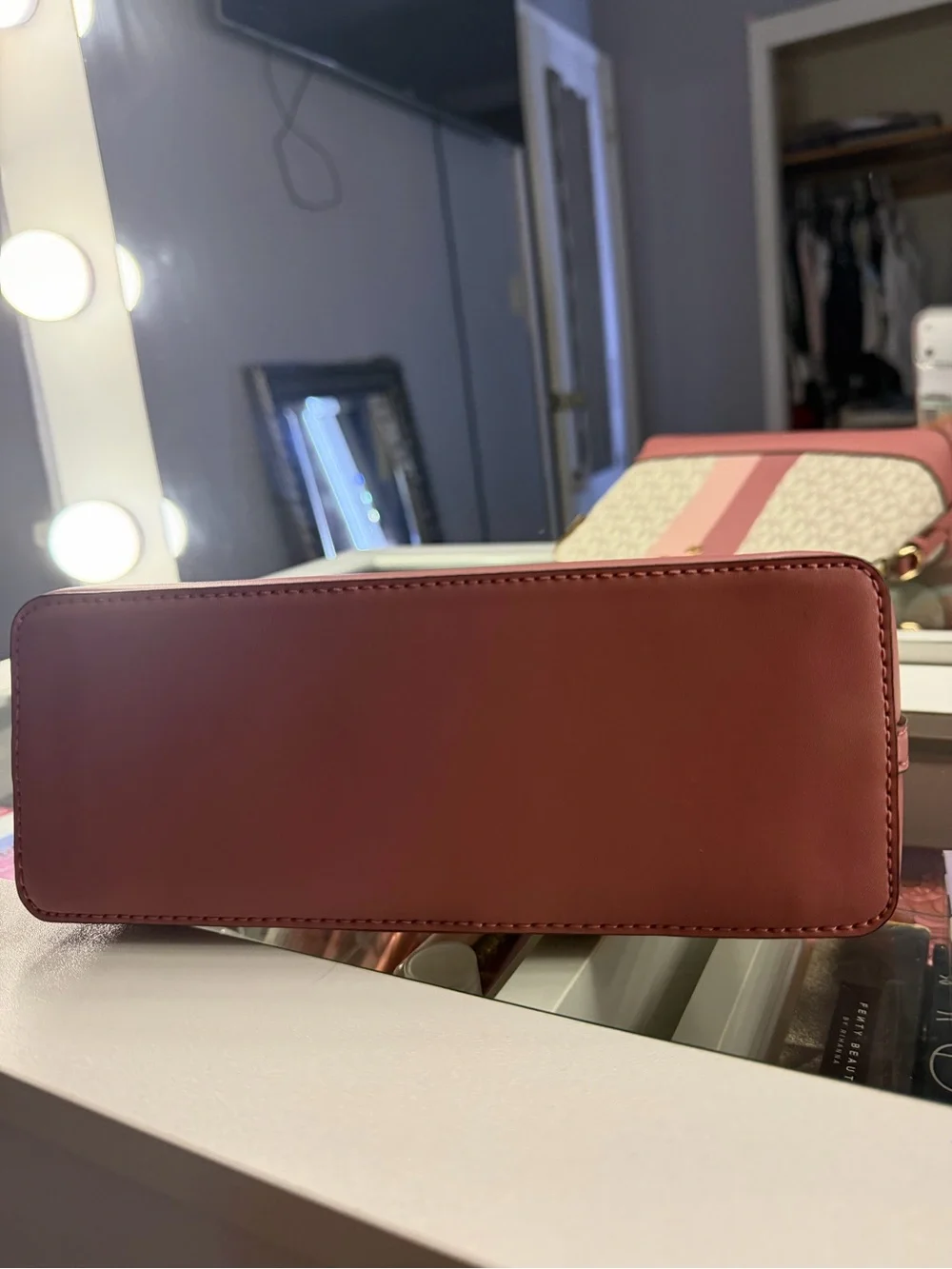 Michael Kors Beige MK Signature Dome Crossbody with Pink Stripes